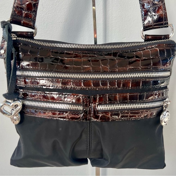 Brighton Go Go Crossbody Messenger Bag Black Brown Nylon Croc Embossed Leather - Picture 2 of 16